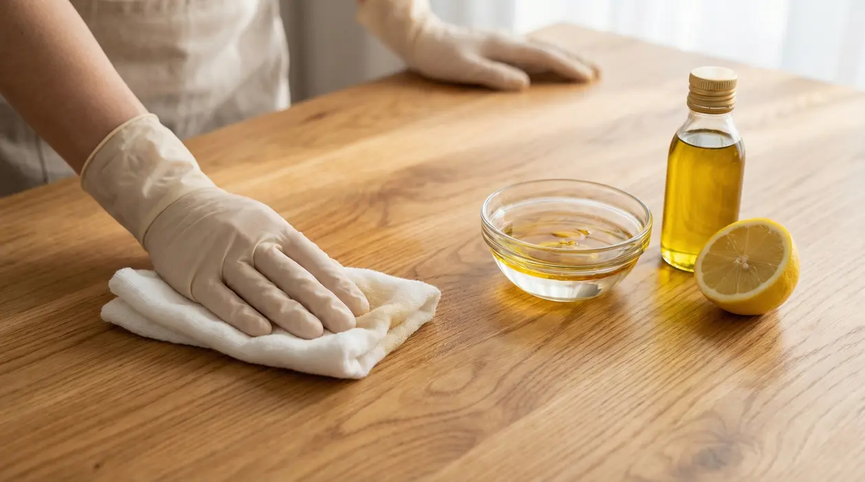 Persona con guanti pulisce un tavolo in legno con panno; accanto ciotola, bottiglia di olio e mezzo limone