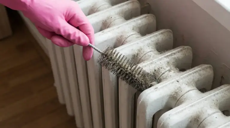 Mano con guanto rosa usa una spazzola sottile per rimuovere la polvere tra le sezioni di un termosifone in ghisa