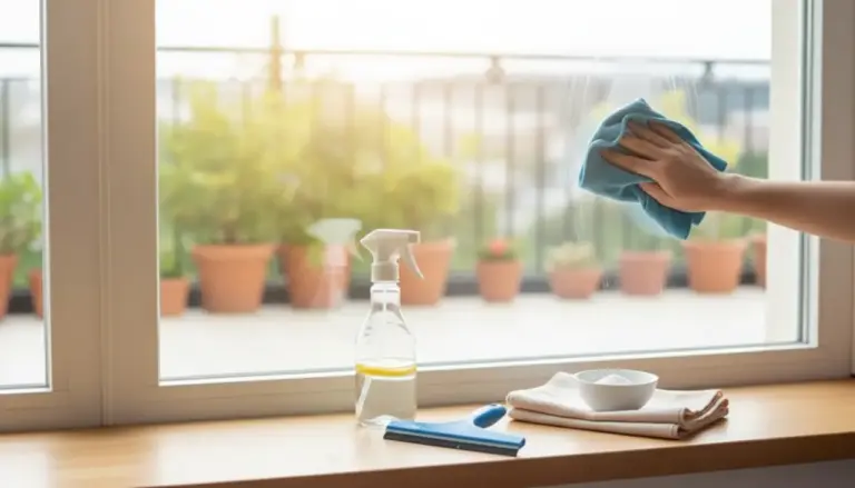 Mano che pulisce un vetro con panno in microfibra accanto a spray e strumenti per la pulizia