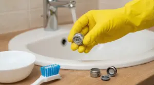 Mano con guanto giallo che mostra l’aeratore del rubinetto incrostato di calcare sopra il lavandino