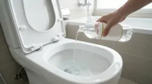 Una mano versa aceto bianco nel water per la pulizia domestica