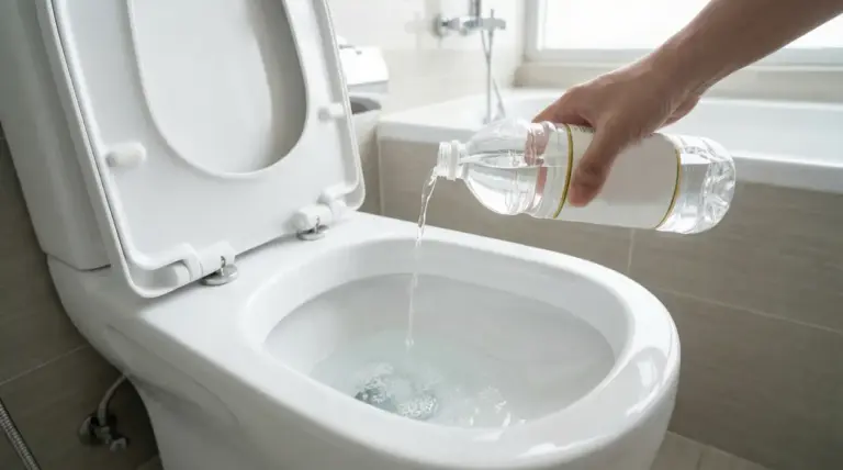 Una mano versa aceto bianco nel water per la pulizia domestica