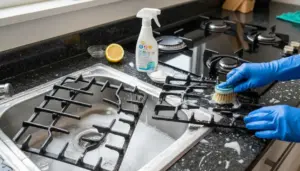 Pulizia delle griglie del piano cottura nel lavello con spazzola e detergente, con guanti protettivi