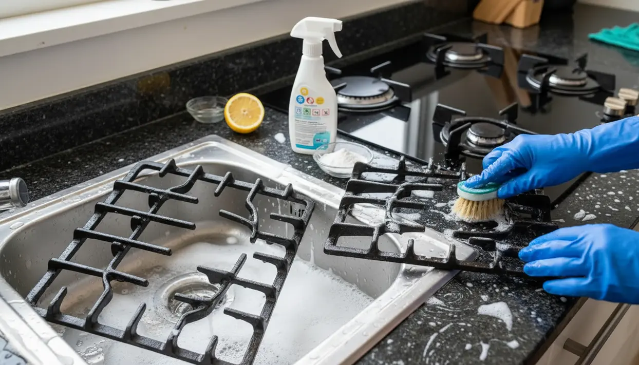 Pulizia delle griglie del piano cottura nel lavello con spazzola e detergente, con guanti protettivi