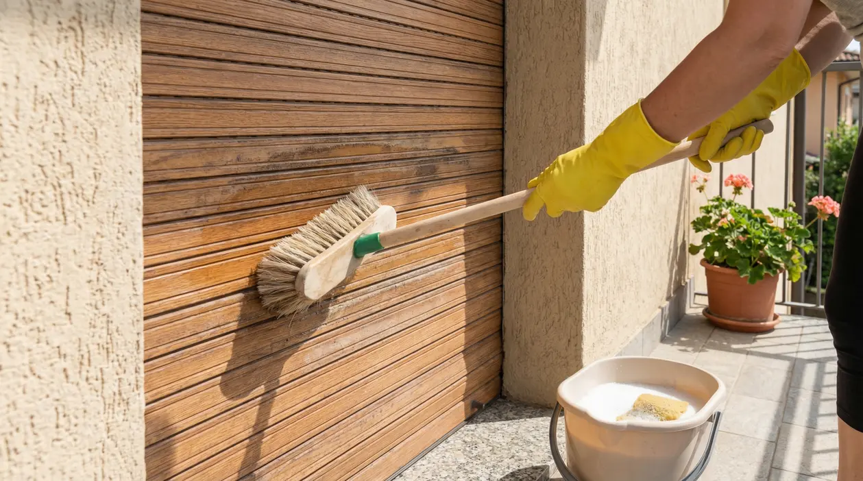Persona con guanti gialli pulisce una persiana esterna con spazzola a manico lungo, con secchio di acqua saponata
