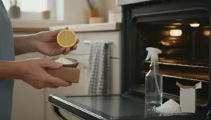 Una persona pulisce il forno aperto con limone, sale grosso e una spugna naturale