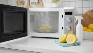 Ciotola con acqua e fette di limone nel microonde acceso per la pulizia