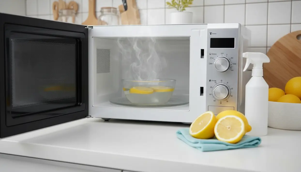 Ciotola con acqua e fette di limone nel microonde acceso per la pulizia