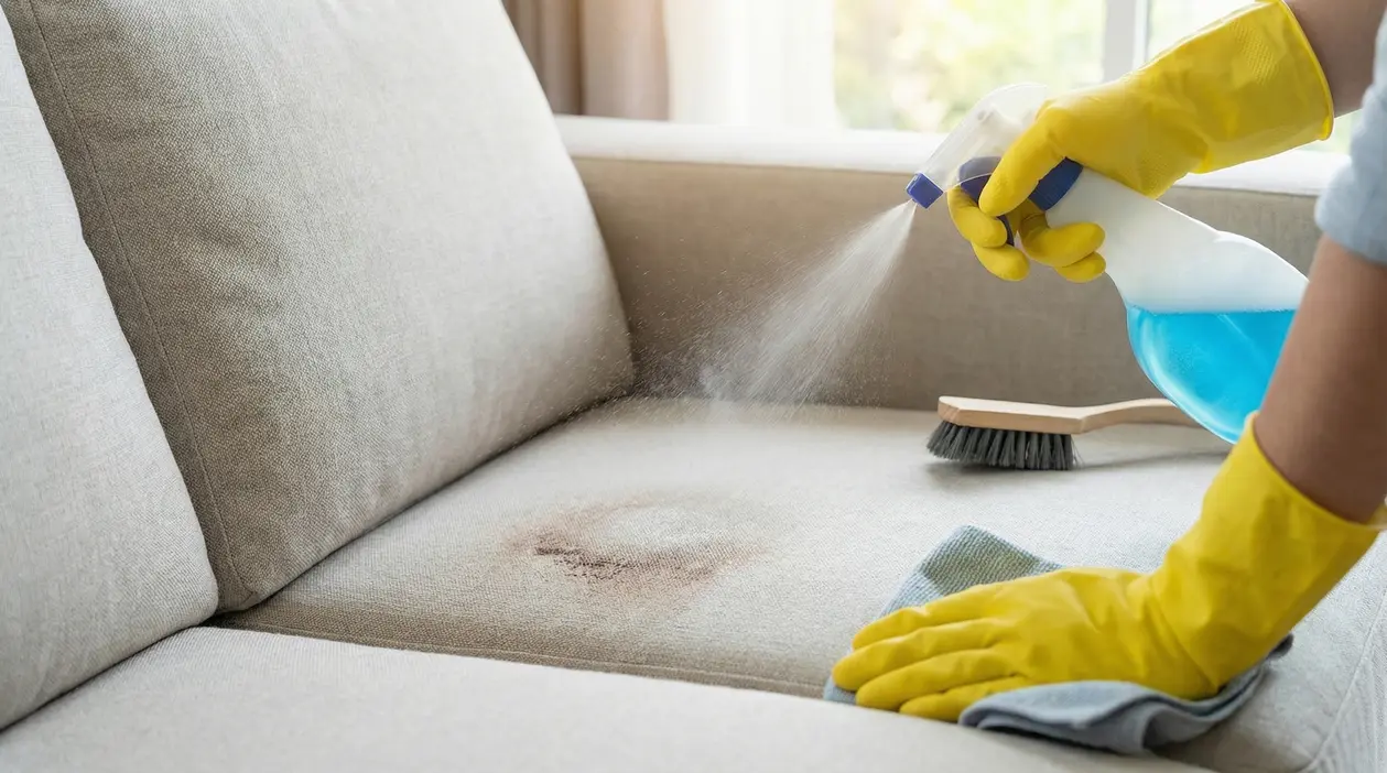 Una persona pulisce una macchia su un divano chiaro con uno spray e guanti di gomma gialli