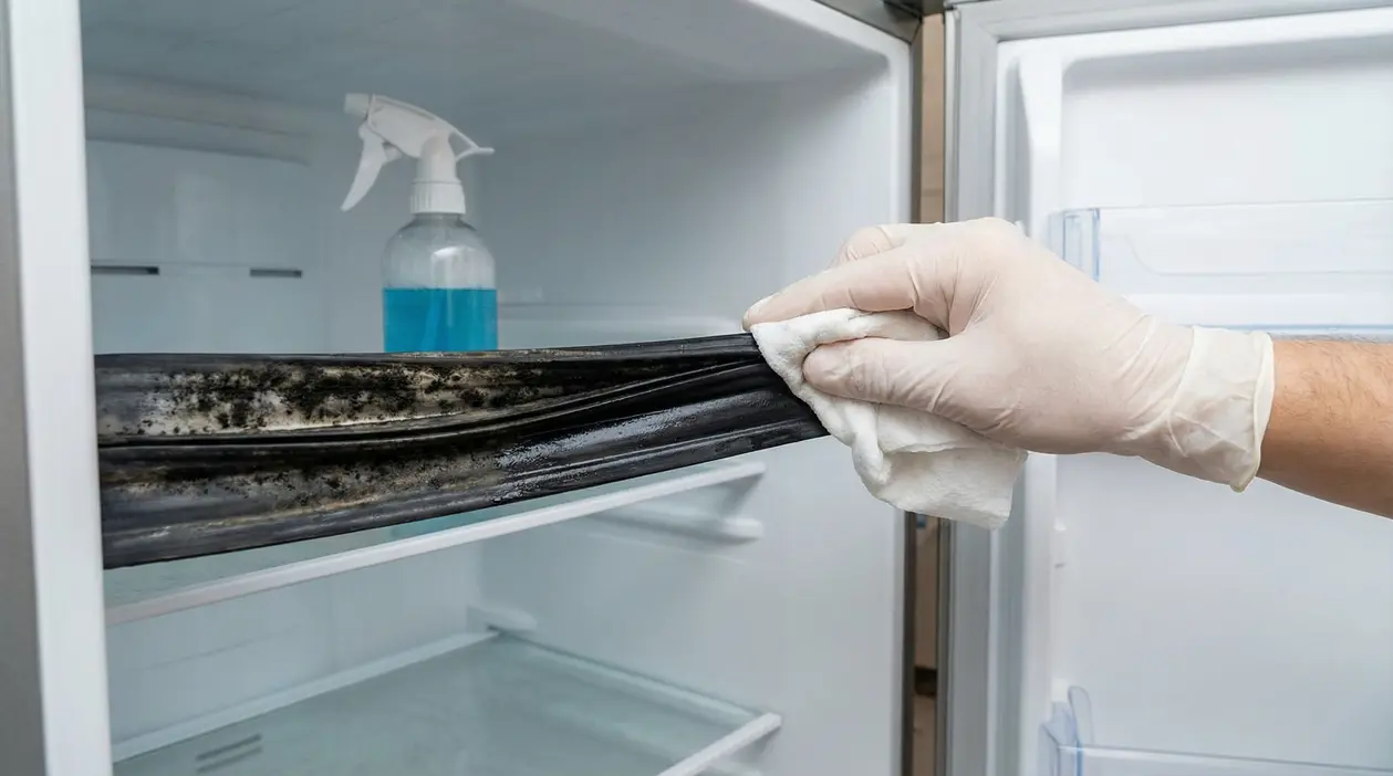 Pulizia della guarnizione di un frigorifero sporca di muffa con un panno