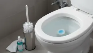 WC pulito con spazzolone, detergente e pastiglia blu nell'acqua