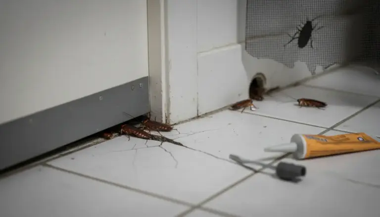 Scarafaggi vicino alla porta e a una crepa sul pavimento, con sigillante pronto per chiudere gli accessi