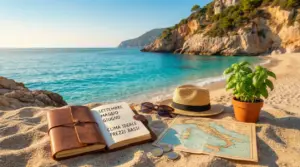 Oggetti estivi su una spiaggia italiana con mare cristallino e scogliere sullo sfondo