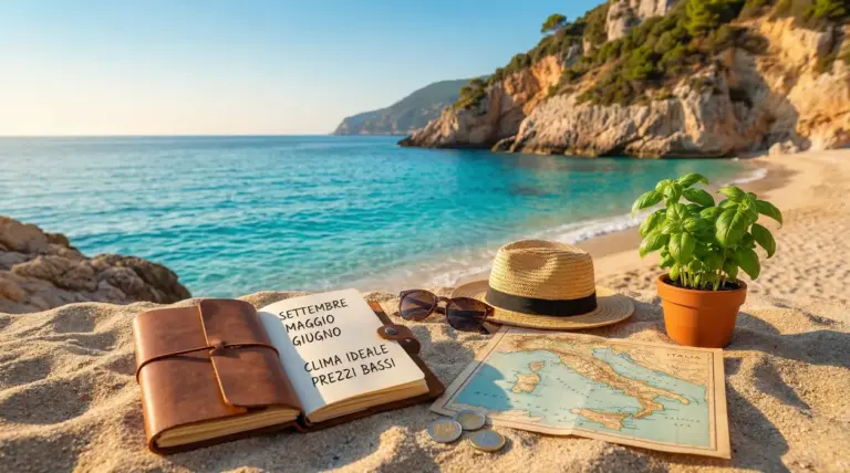 Oggetti estivi su una spiaggia italiana con mare cristallino e scogliere sullo sfondo