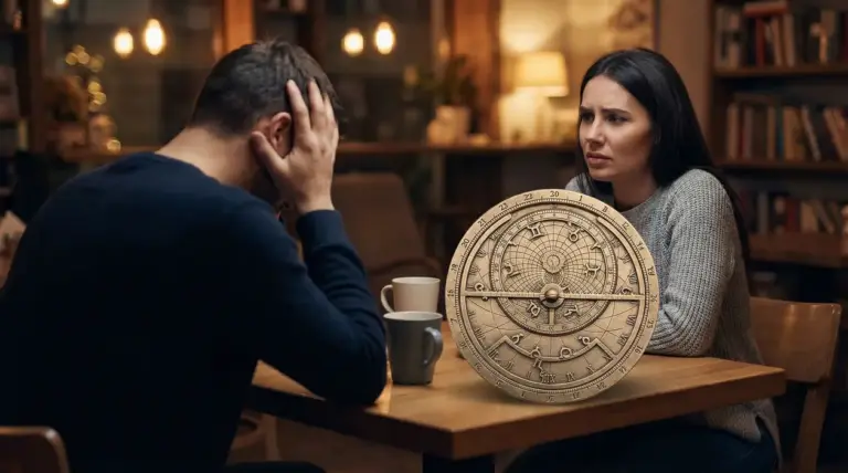 Due persone sedute a un tavolo in un caffè con un antico oroscopo zodiacale tra loro