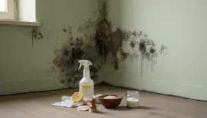 Muro con muffa nera e rimedi naturali come limone, bicarbonato e spray su pavimento in legno