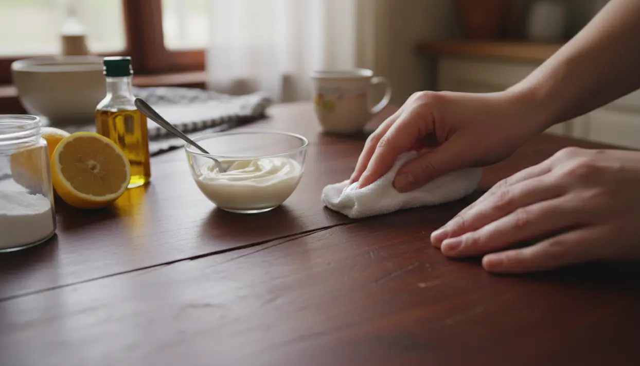 Mani che puliscono un mobile in legno con un panno, vicino a ingredienti da cucina come limone, olio e yogurt.