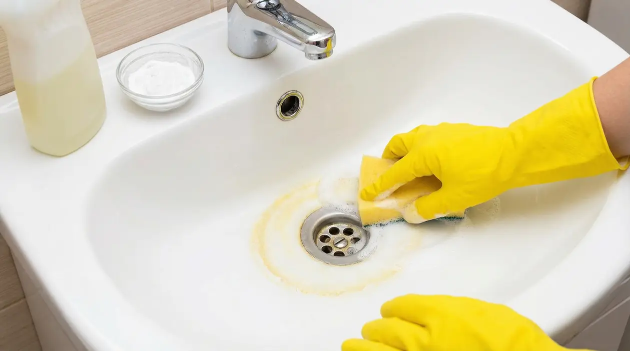 Mano con guanto giallo pulisce il lavandino del bagno con spugna, rimuovendo un cerchio giallo di calcare