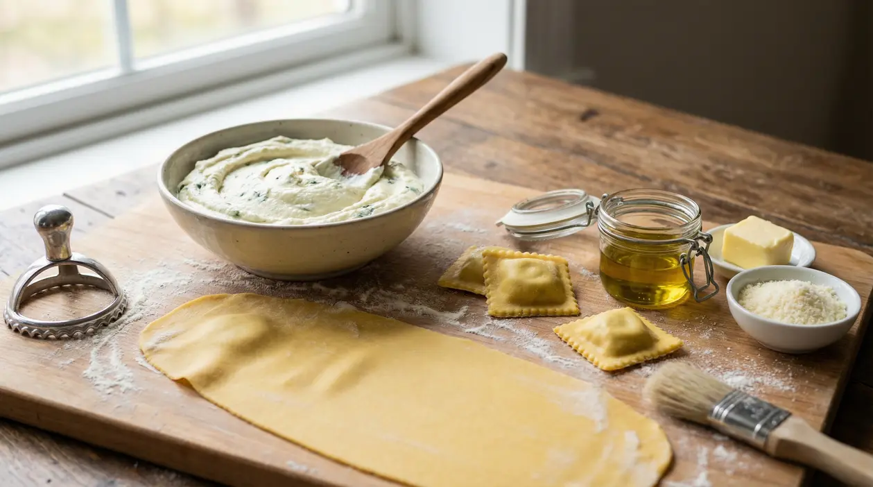 Ingredienti per ravioli fatti in casa con ripieno cremoso su un piano di lavoro in legno