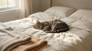 Gatto anziano che dorme tranquillo su un letto morbido alla luce del giorno