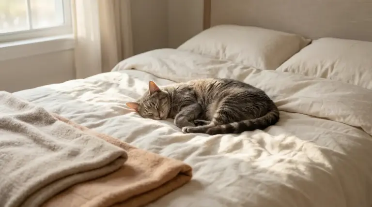 Gatto anziano che dorme tranquillo su un letto morbido alla luce del giorno