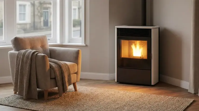 Stufa a pellet accesa accanto a una poltrona in un soggiorno accogliente