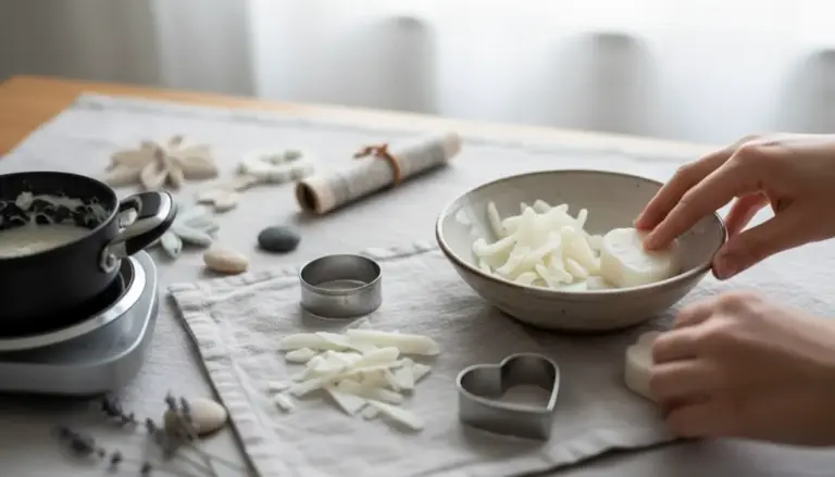 Mani che raccolgono residui di saponetta e scaglie di sapone in una ciotola, per riutilizzo fai-da-te