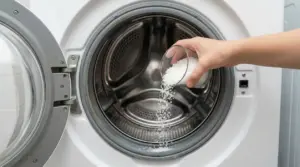 Mano versa sale grosso nel cestello di una lavatrice a carica frontale aperta