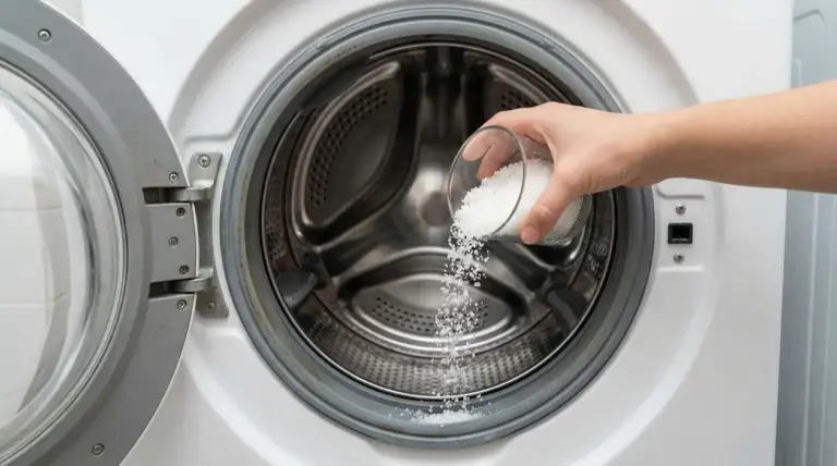 Mano versa sale grosso nel cestello di una lavatrice a carica frontale aperta