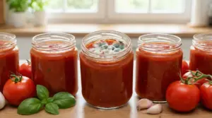 Barattoli di salsa di pomodoro, uno dei quali mostra chiaramente segni di muffa sulla superficie