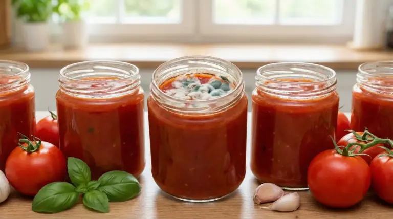 Barattoli di salsa di pomodoro, uno dei quali mostra chiaramente segni di muffa sulla superficie