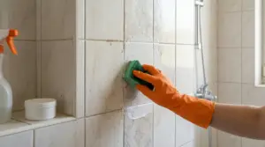 Mano con guanto arancione pulisce le piastrelle del bagno con una spugna, rimuovendo lo sporco dalle fughe