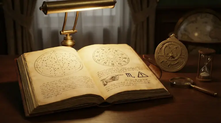 Antico libro con simboli zodiacali su una scrivania accanto a clessidra e astrolabio