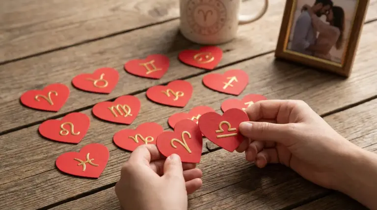 Mani tengono cuori rossi con simboli zodiacali su tavolo di legno