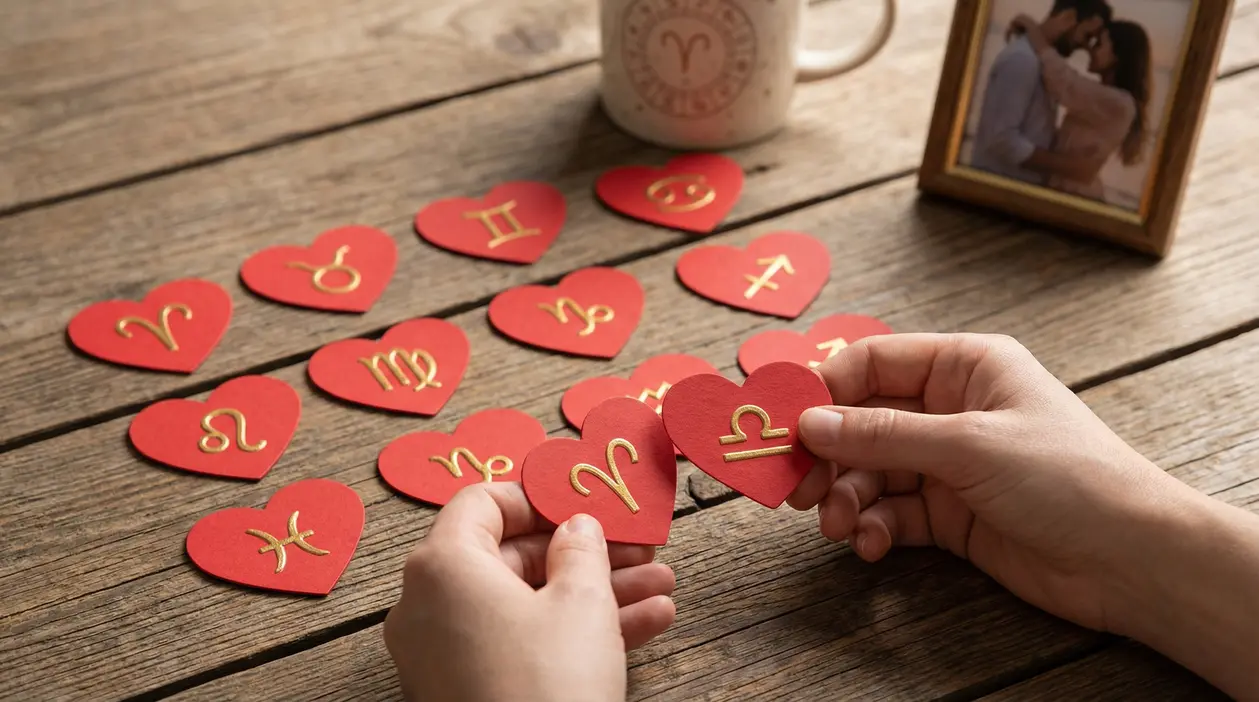 Mani tengono cuori rossi con simboli zodiacali su tavolo di legno