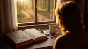 Persona che osserva un libro di astrologia vicino a una finestra al tramonto
