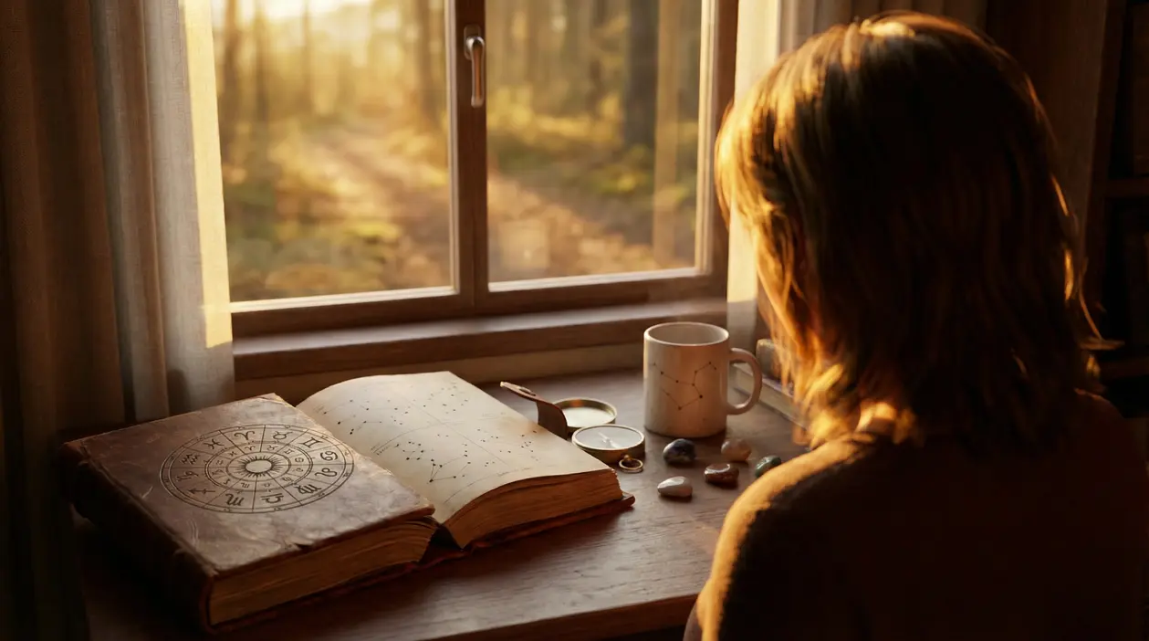 Persona che osserva un libro di astrologia vicino a una finestra al tramonto