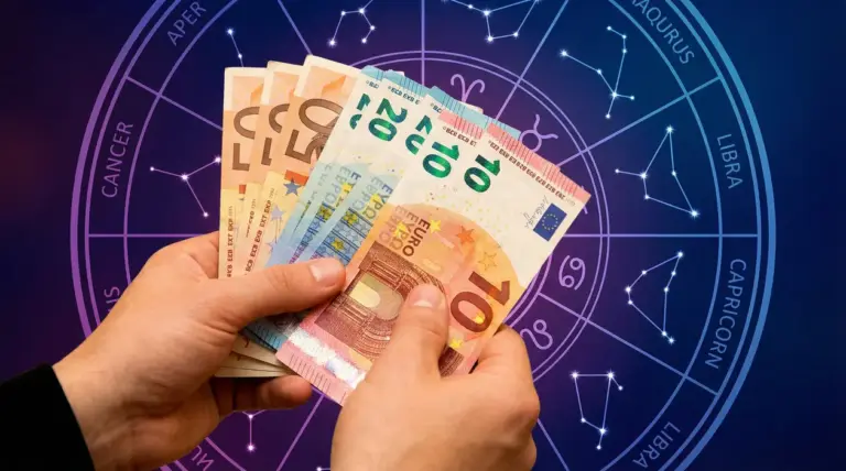 Mani che tengono banconote in euro davanti a un grafico con segni zodiacali