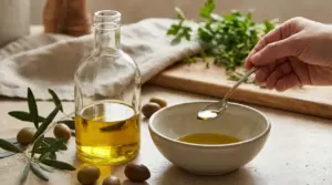 Una bottiglia di olio d'oliva accanto a una ciotola, con una mano che prende l'olio con un cucchiaio