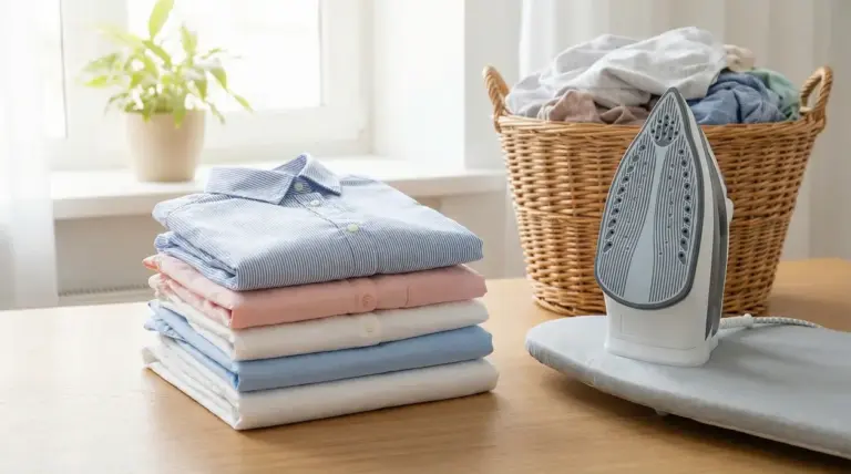 Camicie stirate piegate su un tavolo con ferro da stiro e cesto del bucato sullo sfondo