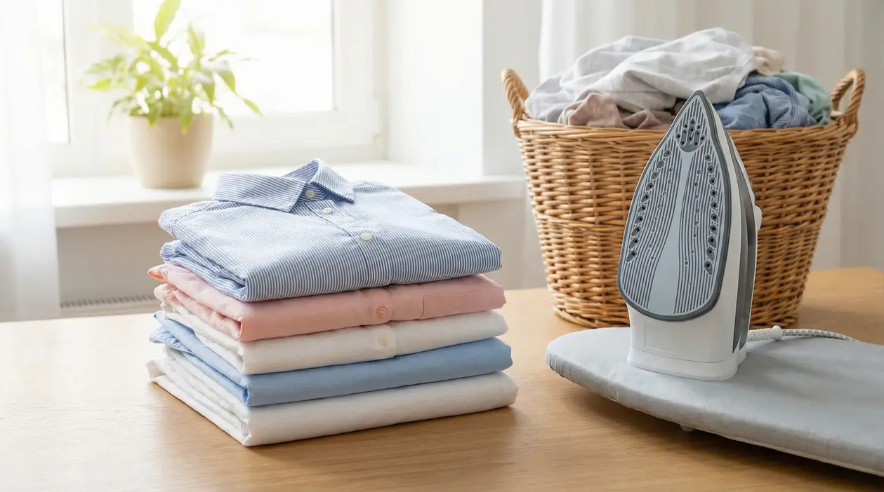Camicie stirate piegate su un tavolo con ferro da stiro e cesto del bucato sullo sfondo