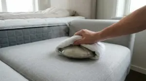 Mano che applica la tecnica del coperchio con un piatto caldo su un divano in tessuto per rimuovere una macchia