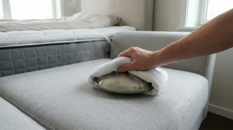 Mano che applica la tecnica del coperchio con un piatto caldo su un divano in tessuto per rimuovere una macchia