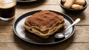 Tiramisù servito su un piatto con cucchiaio, accompagnato da un caffè e savoiardi