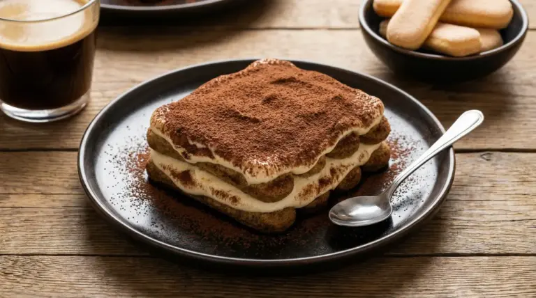 Tiramisù servito su un piatto con cucchiaio, accompagnato da un caffè e savoiardi