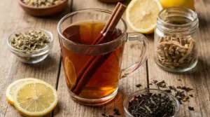 Tisana in una tazza con bastoncini di cannella, limone a fette e ingredienti naturali sul tavolo