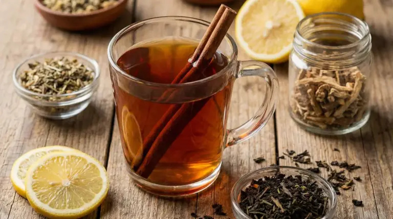 Tisana in una tazza con bastoncini di cannella, limone a fette e ingredienti naturali sul tavolo