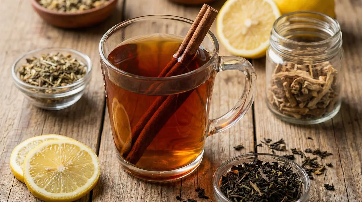 Tisana in una tazza con bastoncini di cannella, limone a fette e ingredienti naturali sul tavolo