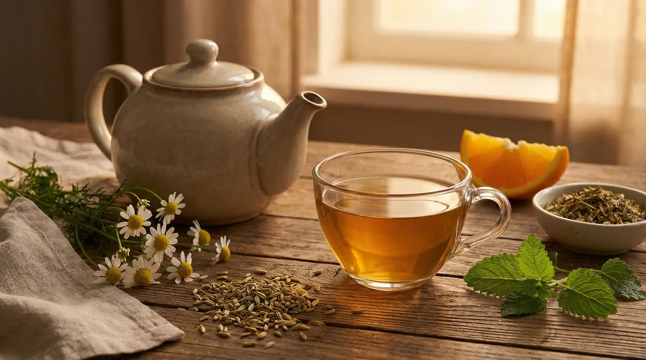 Tisana calda in tazza di vetro con ingredienti naturali come camomilla, finocchio e melissa
