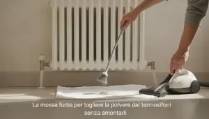 Persona pulisce un termosifone con spazzola e aspirapolvere, raccogliendo la polvere su un panno senza smontarlo